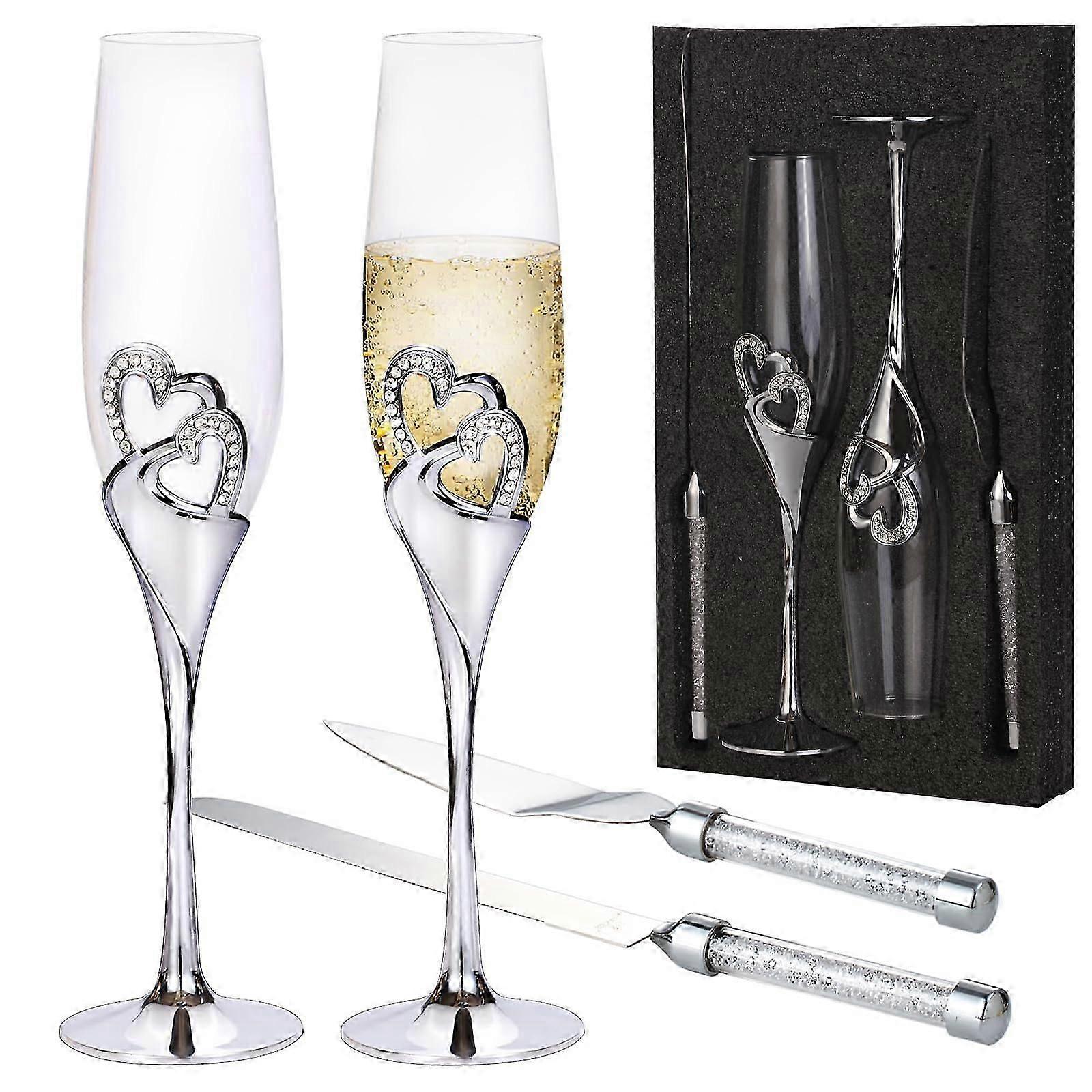 Silver Champagne Glasses and Cake Serving Knife Set for Wedding Reception