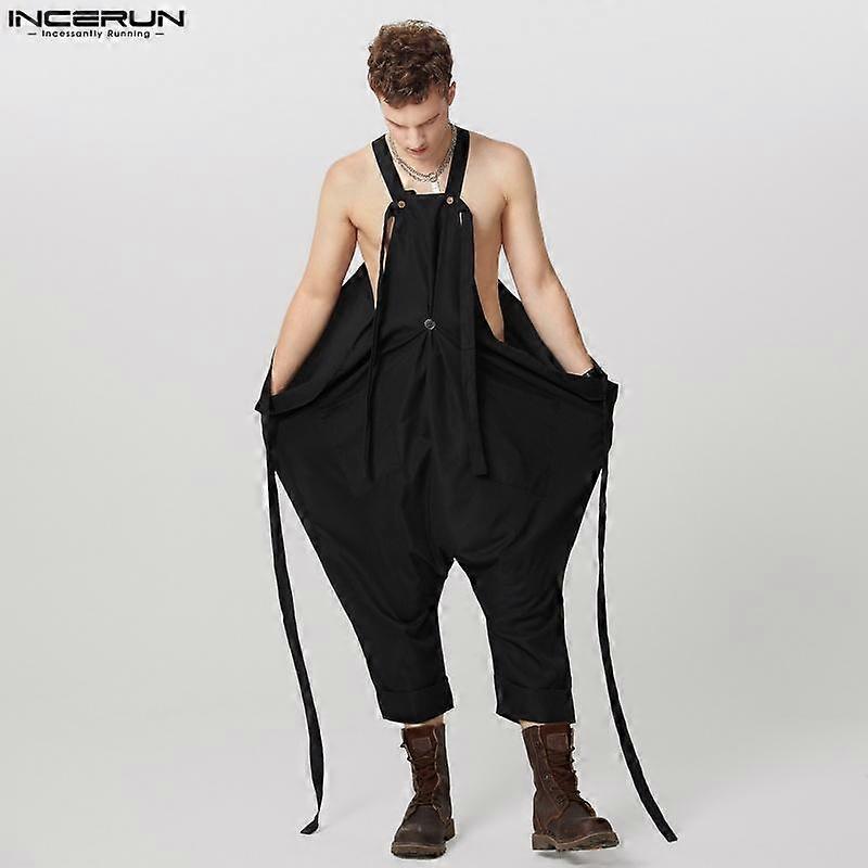 INCERUN Men Strap Solid Color Baggy Dungarees Overalls Drop-crotch Jumpsuits