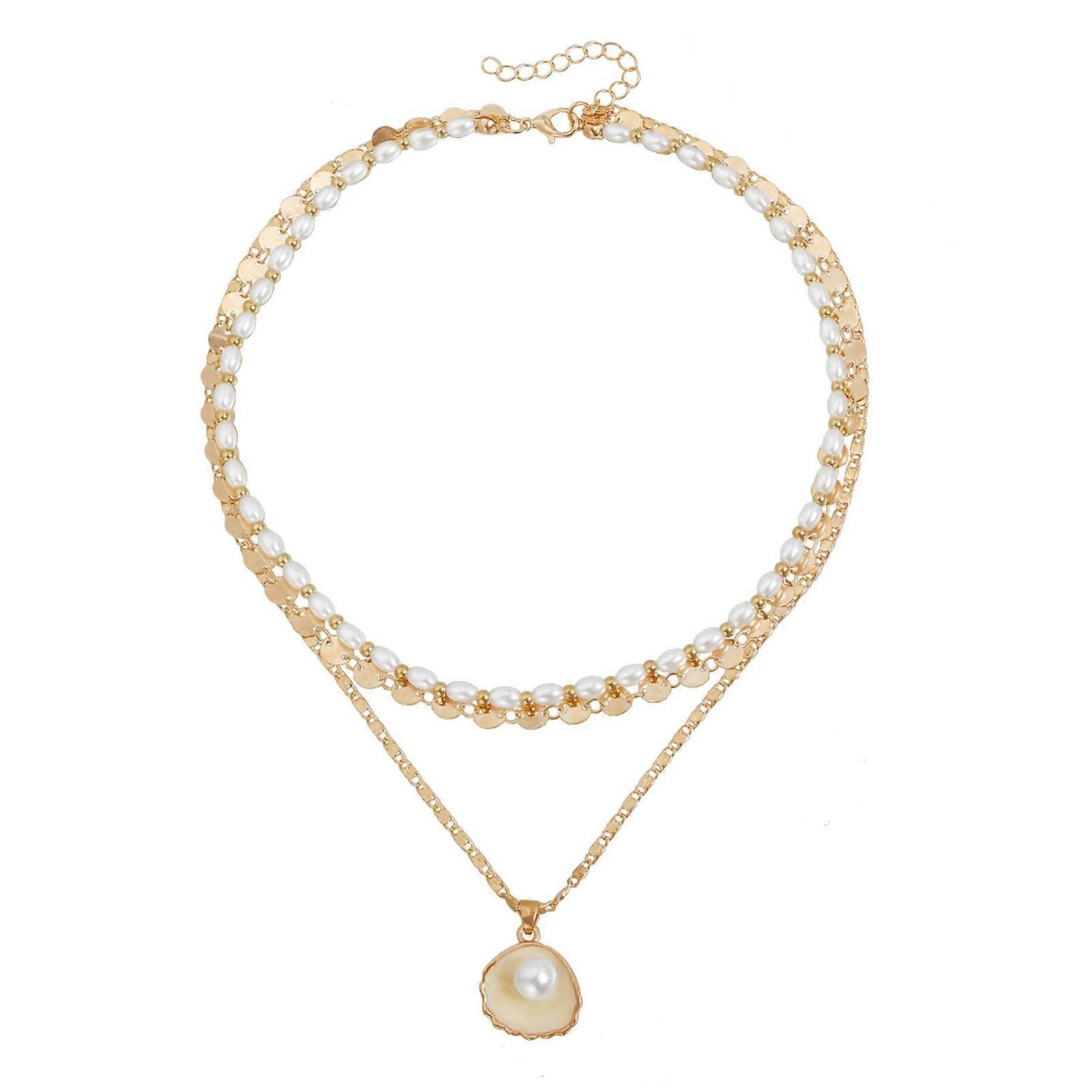 Versatile Geometric Shell Pearls Drop Necklace Adjustable Alloy Collarbone Chain For Creative Styling Expression Multicolor