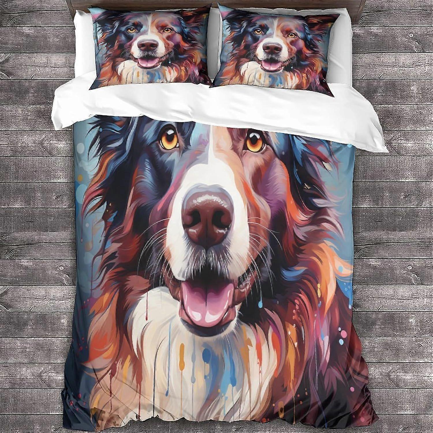 LikeEj Border Collie Duvet Capa Animal Print Design Roupa de Cama Conjunto Microfibra Macia com Zíper Fechamento Cão Colcha Capa Frascas Duplo