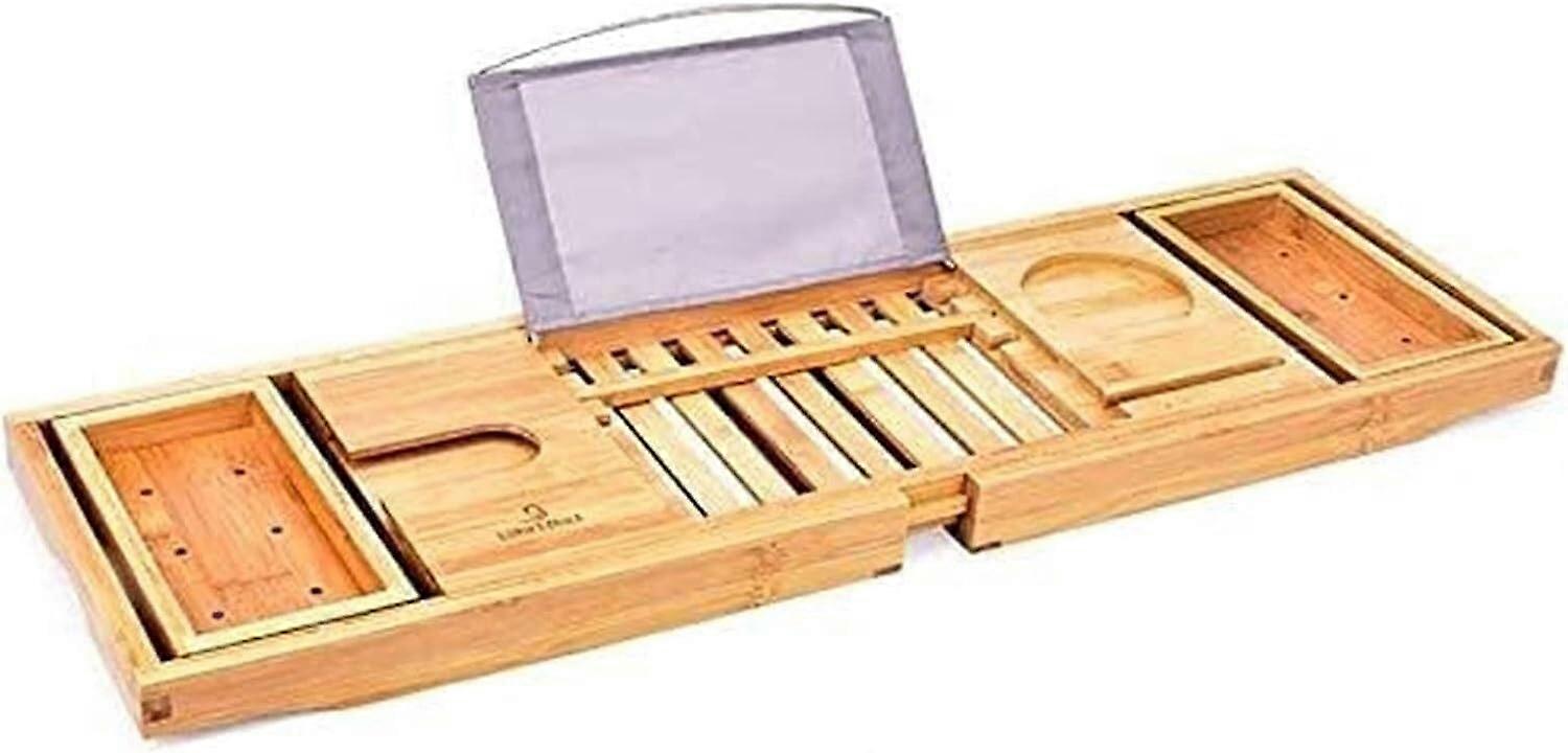 Expandable Wooden Bathtub Tray Caddy with Foldable Rack, Book Tablet Holder for Spa Relaxation