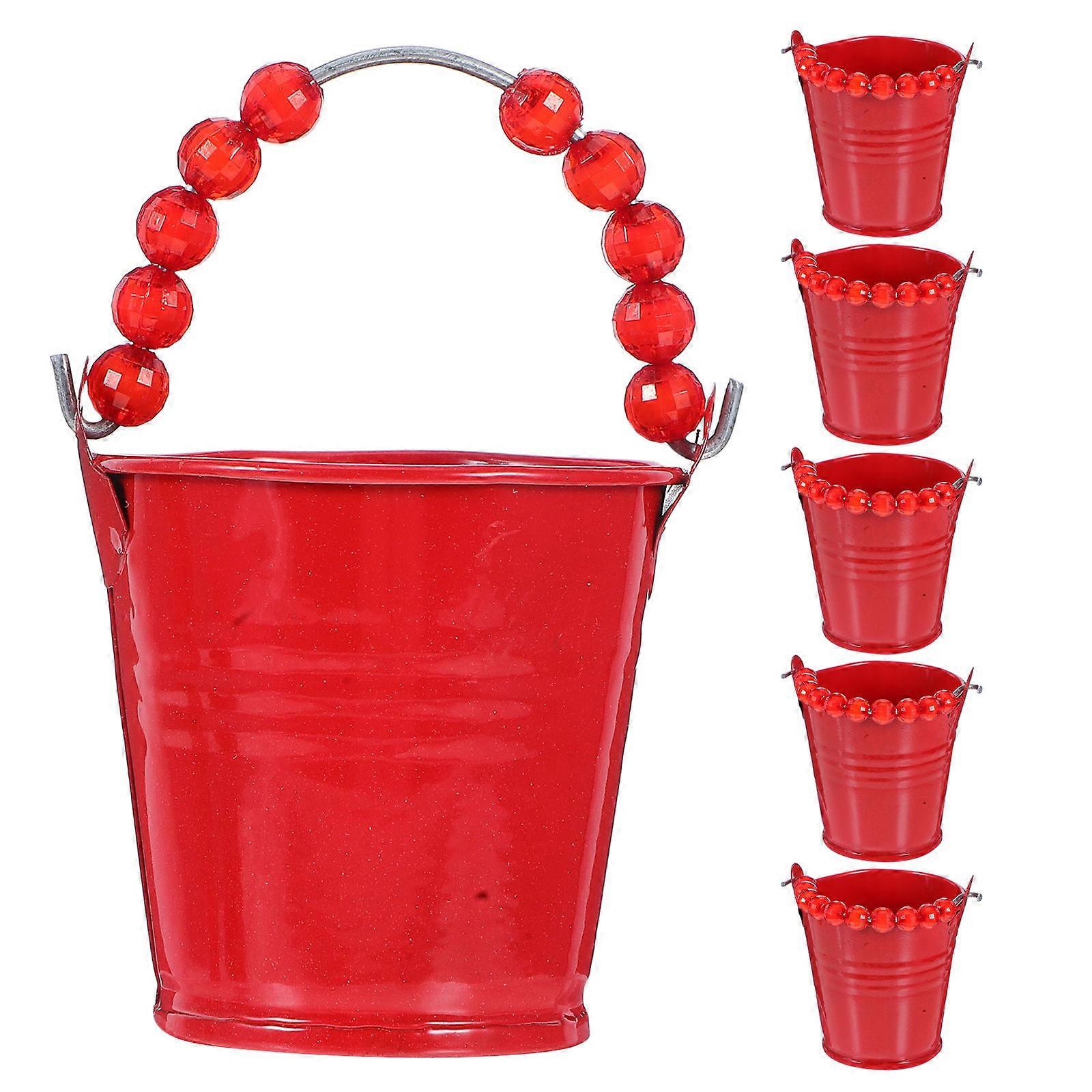 Red Iron Mini Buckets for Storage 6Pcs Decorative Buckets with Beaded Handle