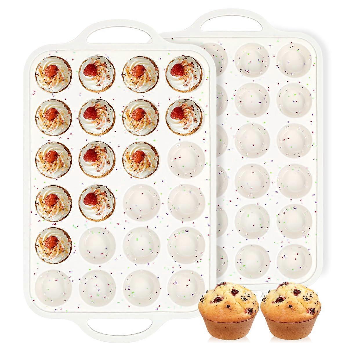 24 Cup Silicone Mini Muffin Pan with Metal Frame, Nonstick Cupcake Baking Tray with Handles, 2 Pack