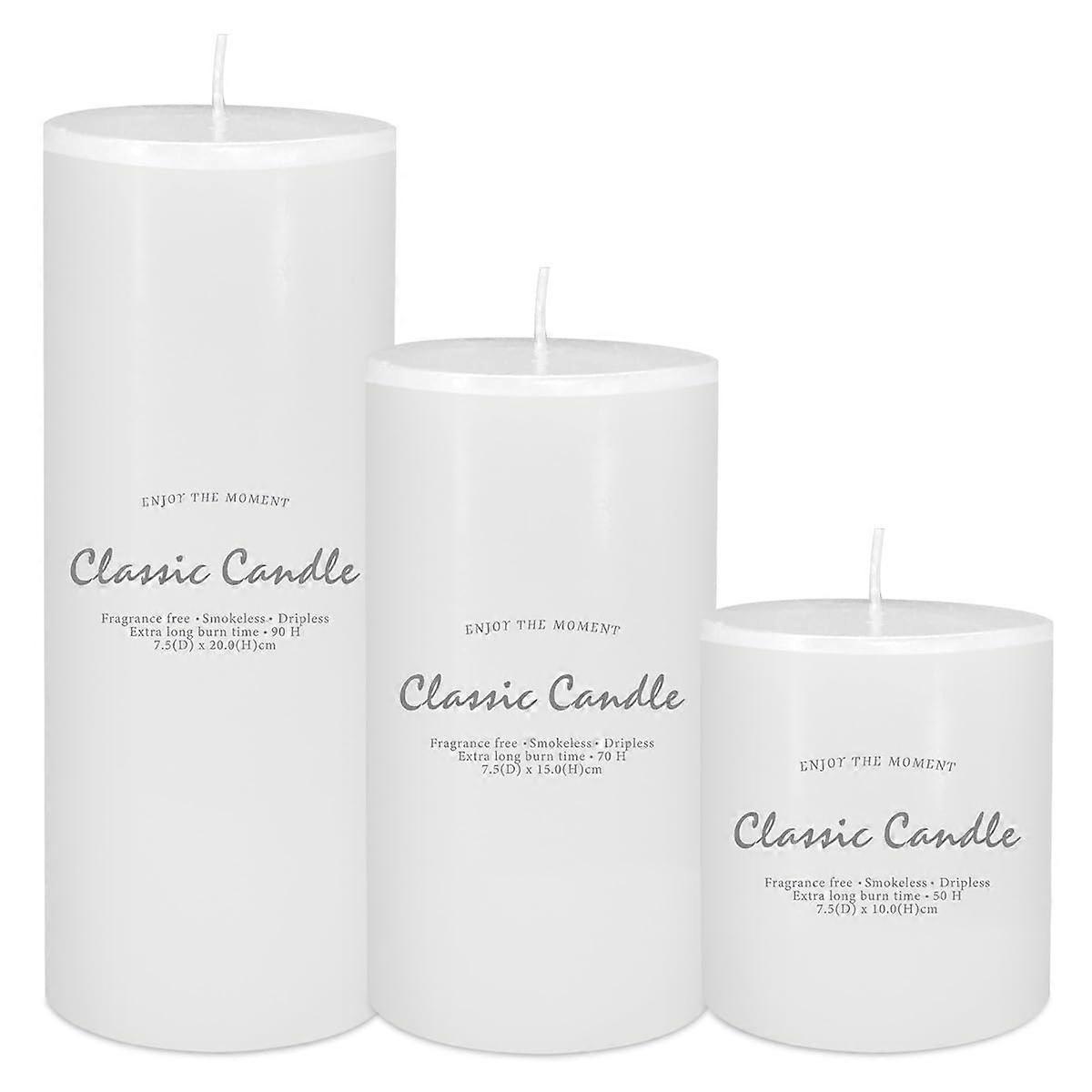 Set of 3 White Pillar Candles Unscented Dripless Smokeless Hand Poured Multiple Sizes for Home and Emergency