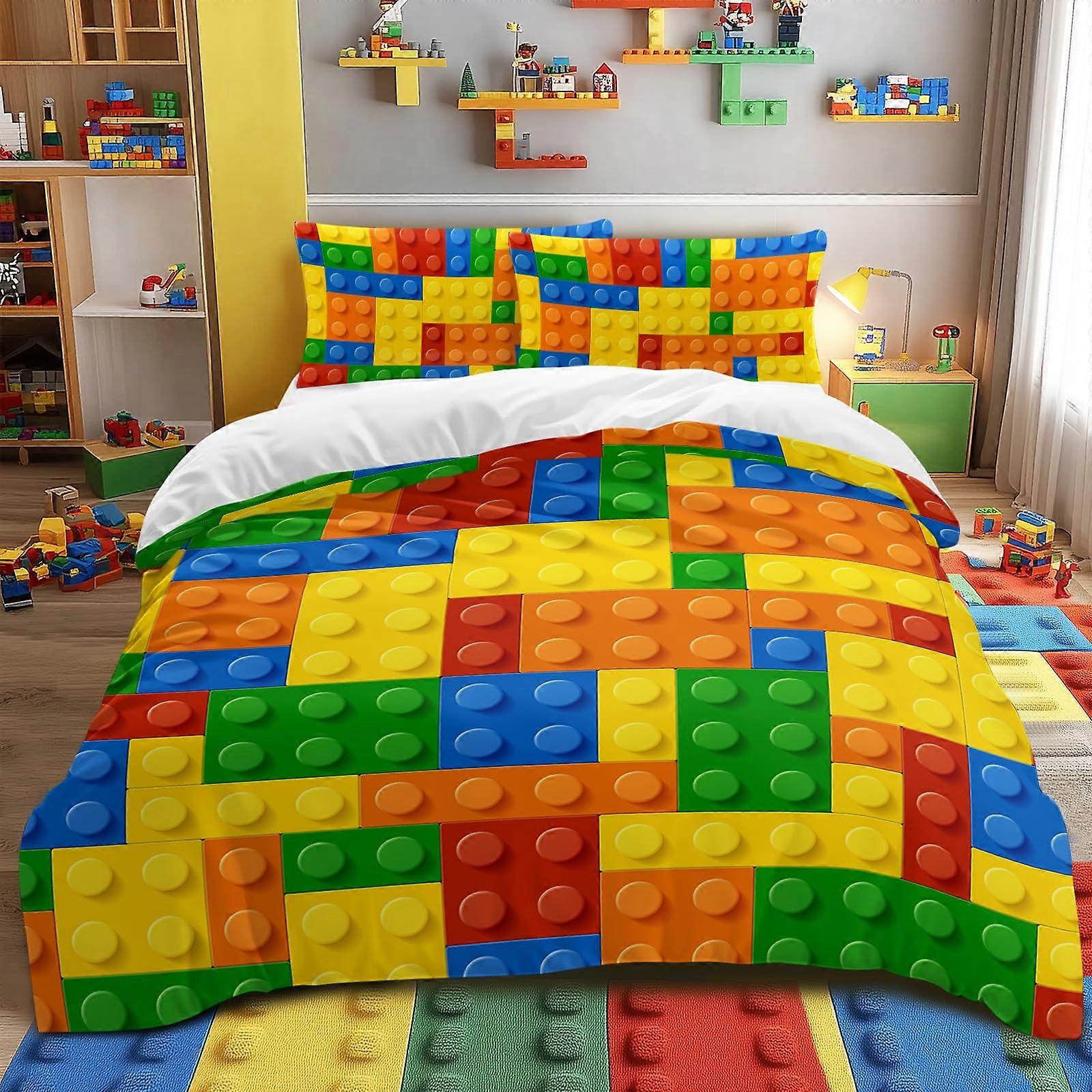 Twin Duvet Cover Set for Boys, Colorful Building Blocks Bedding, Soft Microfiber with Pillowcases