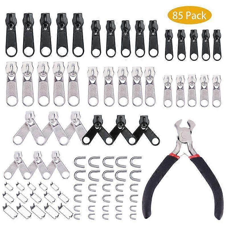 85pcs/set Zipper Rep Kit Sewing for Jacket Slider Install Plier Metal Lock Pull