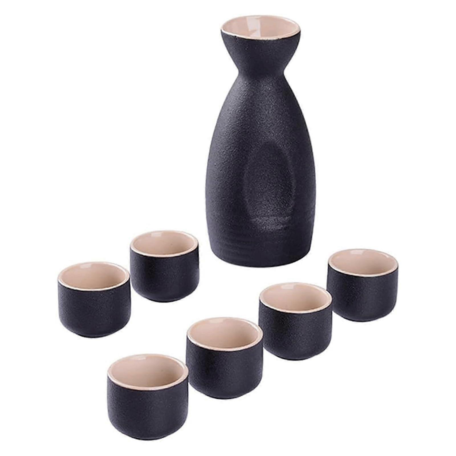 Japanese Sake Set 7 Piece Hand Painted Black Ceramic for Hot or Cold Drinks