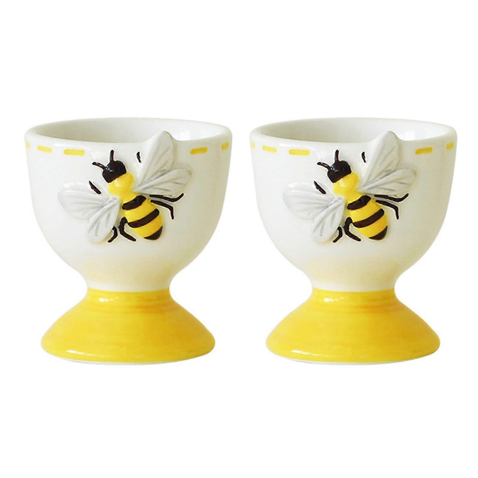 Ceramic Egg Holder with Bees Embossed Pattern, Spring Kitchen Egg Cups for Breakfast Table Decor