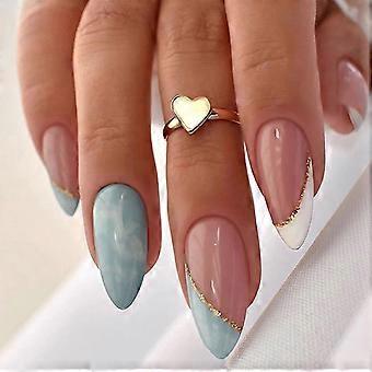 24 Pcs Almond Medium Long False Nails - Glossy Sky Blue French Press on Nails - White Edge with Gold Line Pattern Fake Nails with Manicure Tool