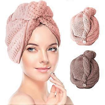 Microfiber Hair Towel Wrap, 2 Pack Hair Turban Towel Super Absorbent Twist Turban Dry Hair Caps(Pink&Brown )