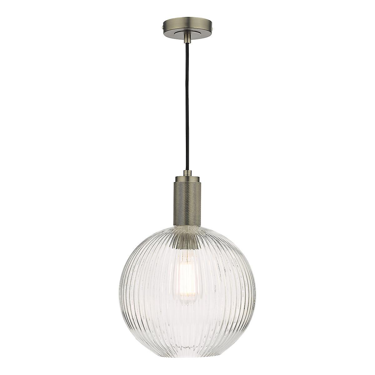 Dar Nikolas Pendant Ceiling Light Antique Chrome Ribbed Round Glass