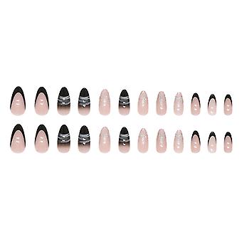 Black Gradient Almond Fake Nails Minimalist White Lines Printed Sweet & Charming Reusable False Nails For Women And Girl Nail Salon