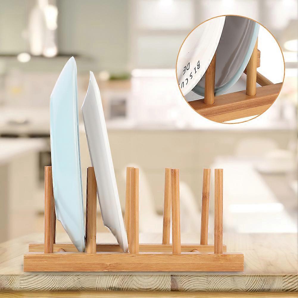 Drain Dish Rack Bamboo Household Plates Shelf Wooden Chopping Board Kitchen Drying Rack,for Bowl,Mat,Cup,Plate,Pot Lid(4 Slots)