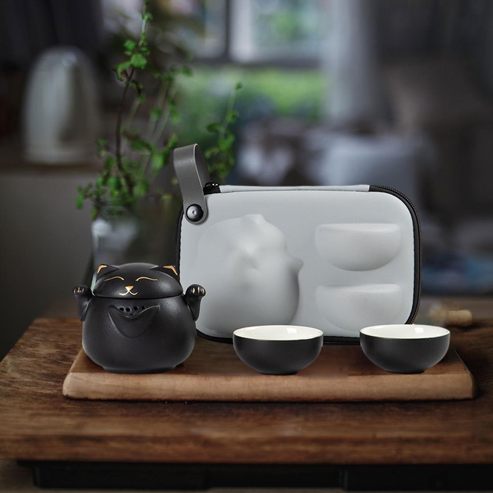 Lucky Cat Porcelain Teapot Set 1 Pot 2 Cup with Shockproof Bag Traditional Craft Portable for Kung Fu Tea Accessory Versatile