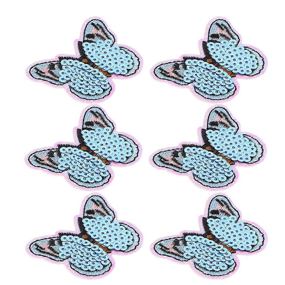 6pcs Iron-On Sequin Butterfly & Honeybee Patches, 5x6.3cm Blue