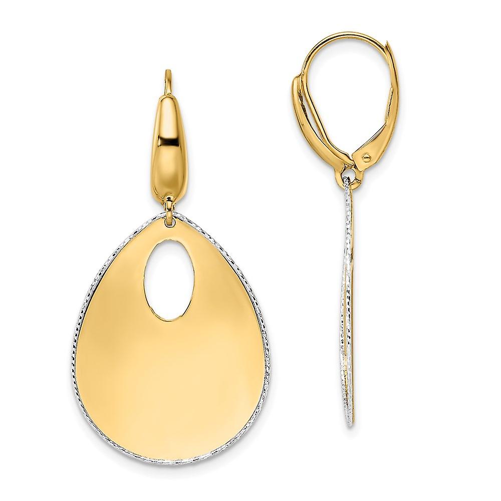 14k Two tone Gold Polished Textured Leverback Dangle Earrings 40mm long-Dangle Earring for Women