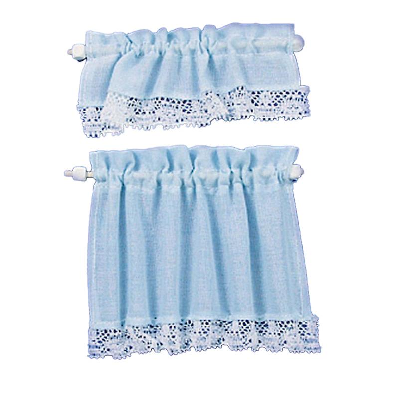Dolls House Blue Curtain & Pelmet Set On Rails Miniature 1:12 Window Accessory
