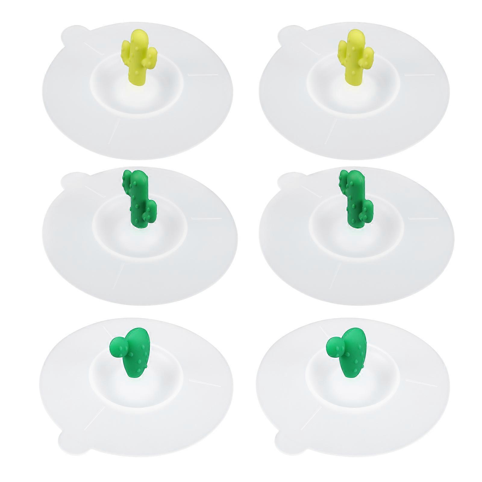 6PCS Round Leak-Proof Silicone Cup Lids Dustproof Cartoon Cactus Suction Sealed Mug Covers (Random Pattern)