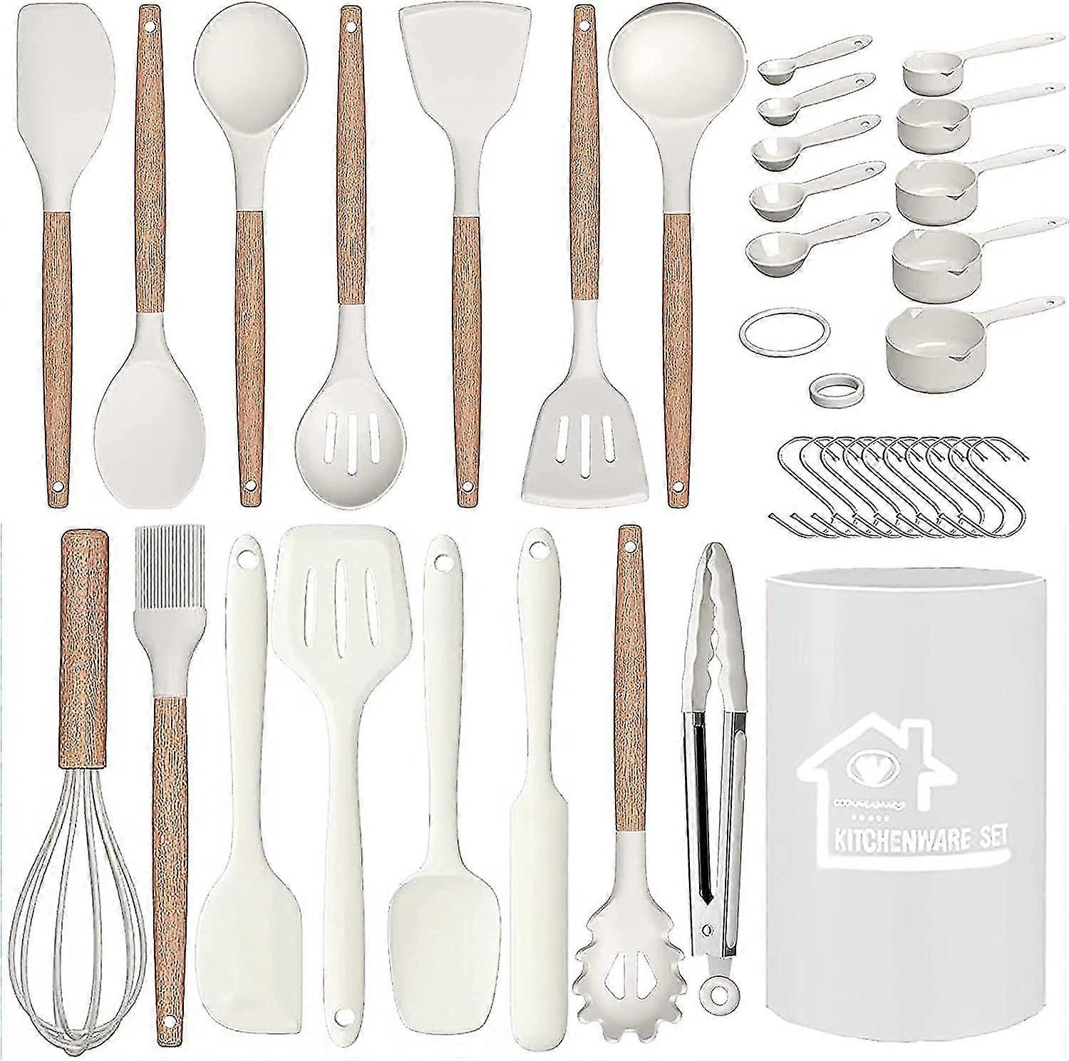 Kitchenware Set, 36pcs Set Non-stick Silicone Cooking Kitchenware Set Without Bpa With Bracket, Heat-resistant Wooden Handle, Kitchenware (white)
