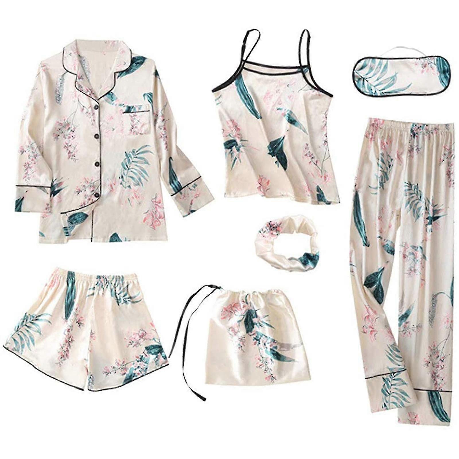 7pc الحرير المرأة الملابس الداخلية Camisole طباعة شورت بانت بيجامة معصوب العينين ملابس النوم