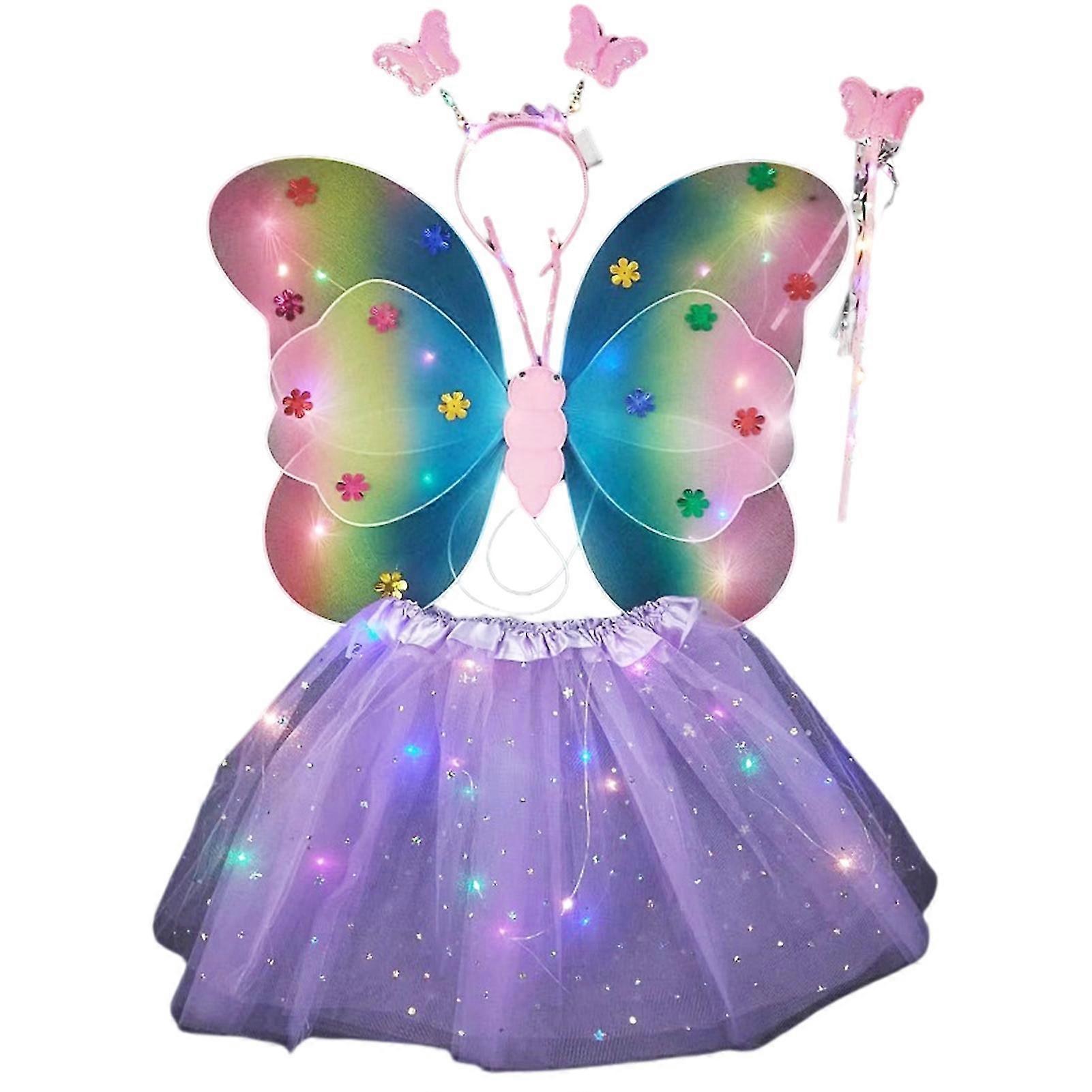 4 Pz/Set Incandescente Arcobaleno Farfalle Ala 20 LED Fascia Bacchetta Tulle Gonna Illuminare I Bambini Stage Performance Fata Ala Forniture Per Fe...