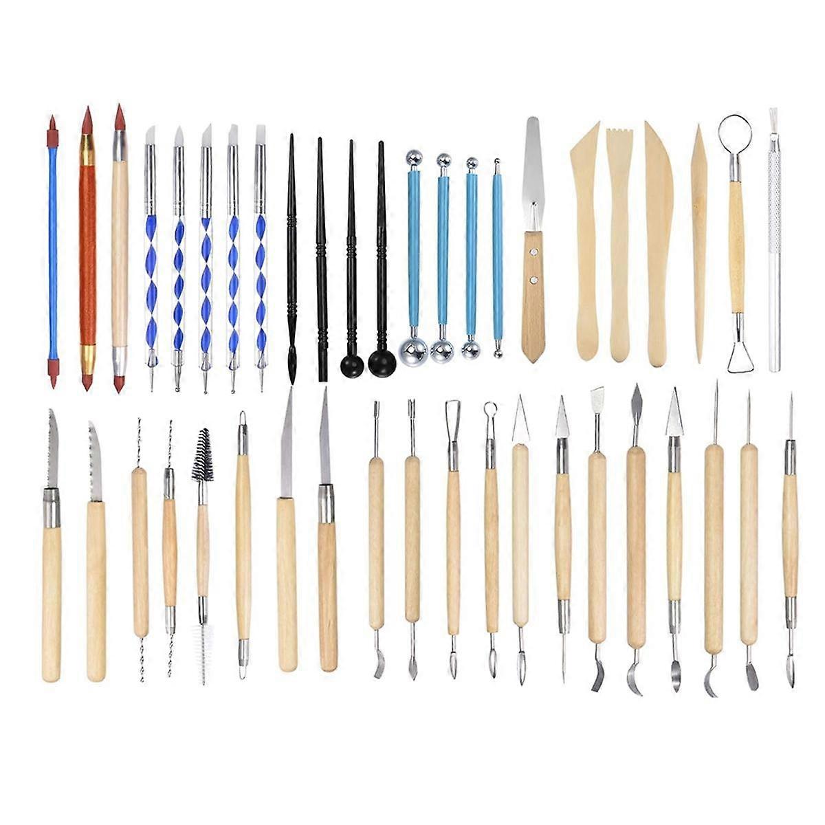 43Pcs Pottery Tools Set Ceramic Clay Sculpting Trimming Kit, Modeling Carving Shaping Tool with Smooth Wooden Handles