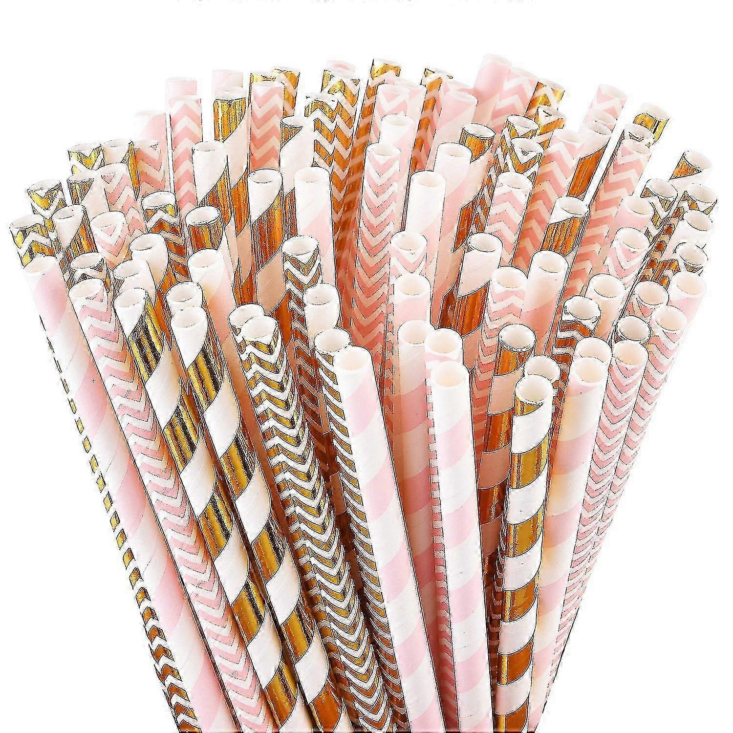 Package Paper Drinking Straws   Multi-Pattern Party Straws [100 Pack] Pink & Rose Gold
