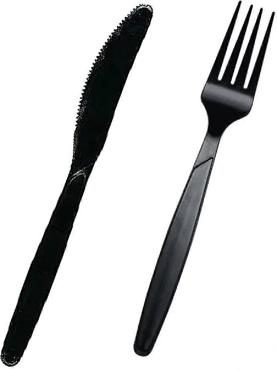 200 PC που τίθενται υψηλής ποιότητας μαύρα πλαστικά μαχαιροπίρουνα | 100 πιρούνια + 100 μαχαίρια | Επαναχρησιμοποιήσιμα βαρέων καθηκόντων πλαστικά μαχαιροπίρουνα για τα συμβαλλόμενα μέρη, καθημερινό δείπνο επιτραπέζιων σκευών