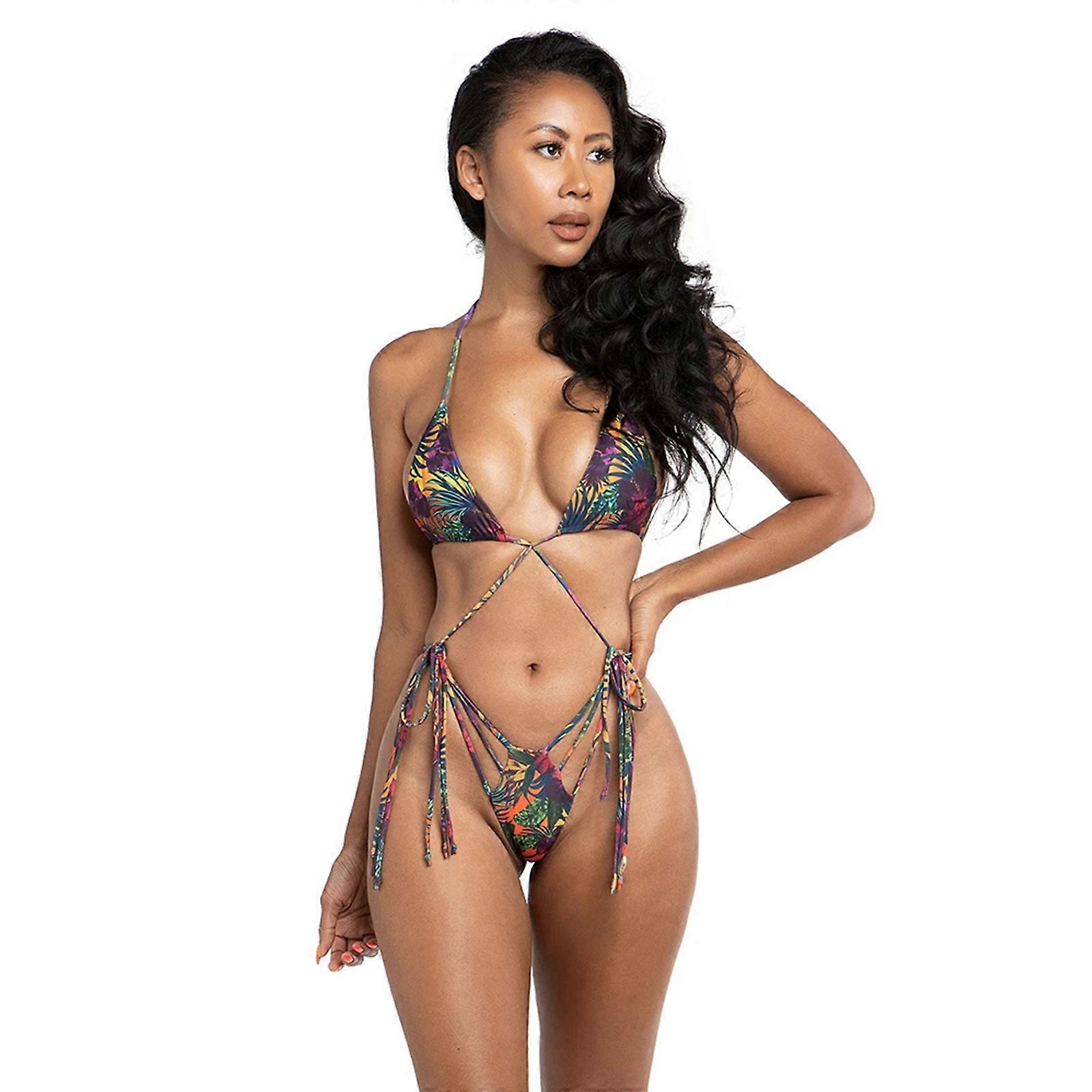 Femmes Dos Nu Bikini Set Sexy Cravate Côté String Maillot de bain Imprimé floral Lace Up Maillot de bain Deux Pièces Criss Cross Maillots de bain colorés feuilles S