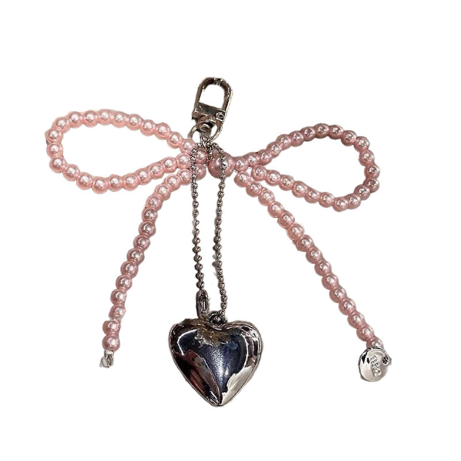Delicate Beaded Key Chain Handmade Bowknot Shaped Keyring Heart Keychain Ornament Pearl Decoration for Bag and Phones