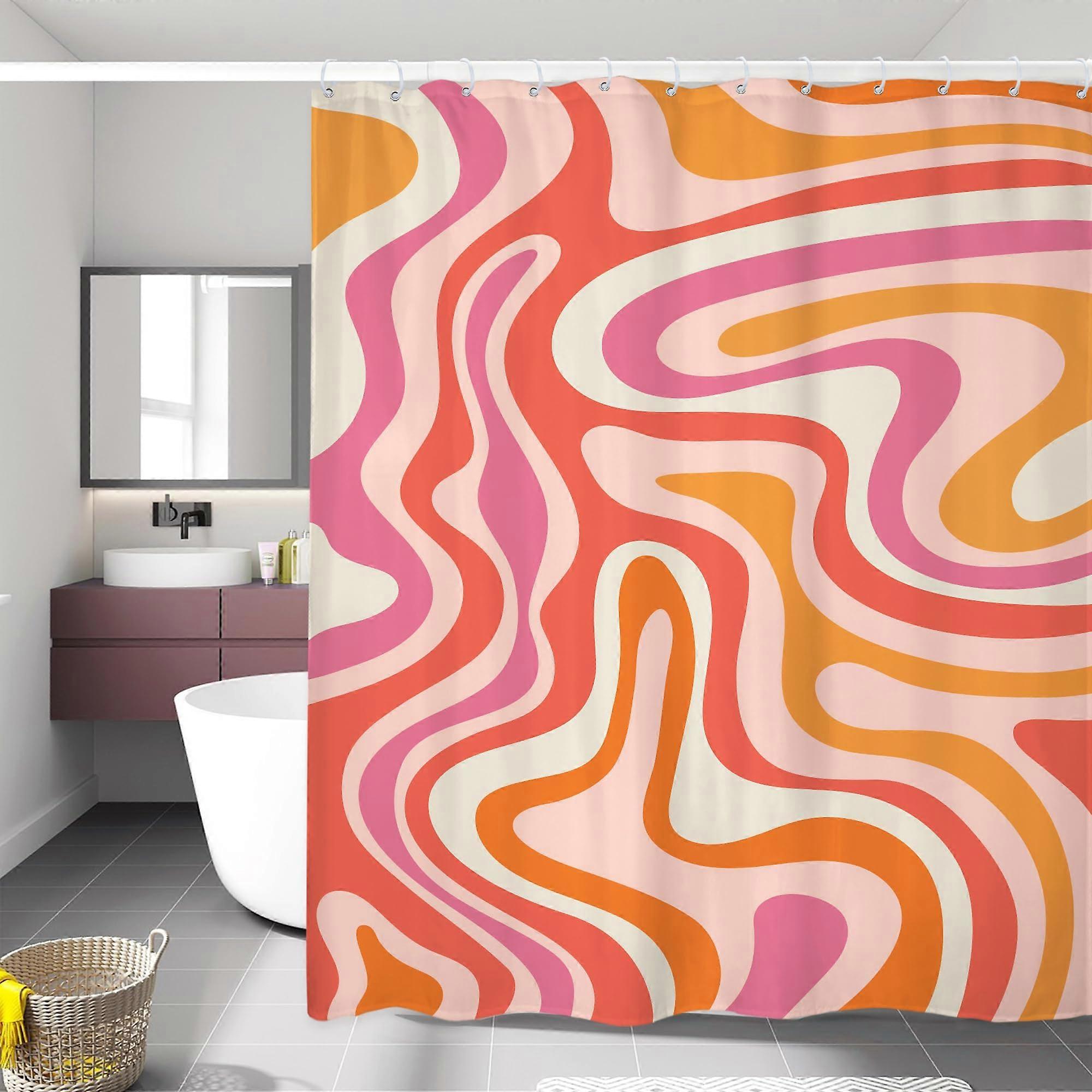 Abstract Pink Shower Curtain 60x72 Inches, Retro Orange Groovy 70s Spiral Design, Waterproof Fabric With Hooks