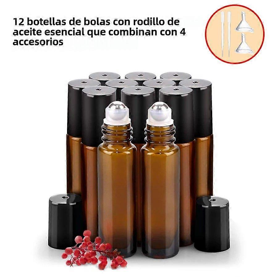 10ml Amber Glass Roller Bottle, 12 Pack, with 4 Accessories, 2 Funnels, 2 Droppers for Essential Oils
