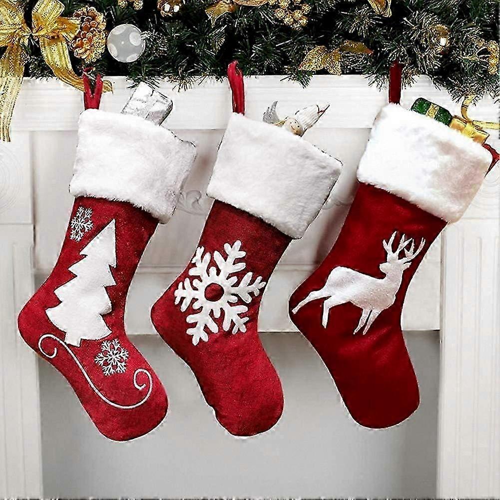 ラージ3ピースホリデーストッキングセット、鹿と柔らかいフェイクファーの18インチレッドフェスティブソックス