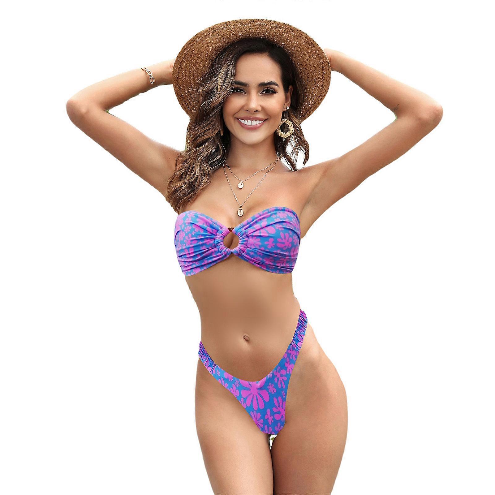 Maillot de bain deux pièces imprimé confortable Maillot de bain fendu avec un design facile à porter pour diverses occasions estivales Fleurs roses violettes S