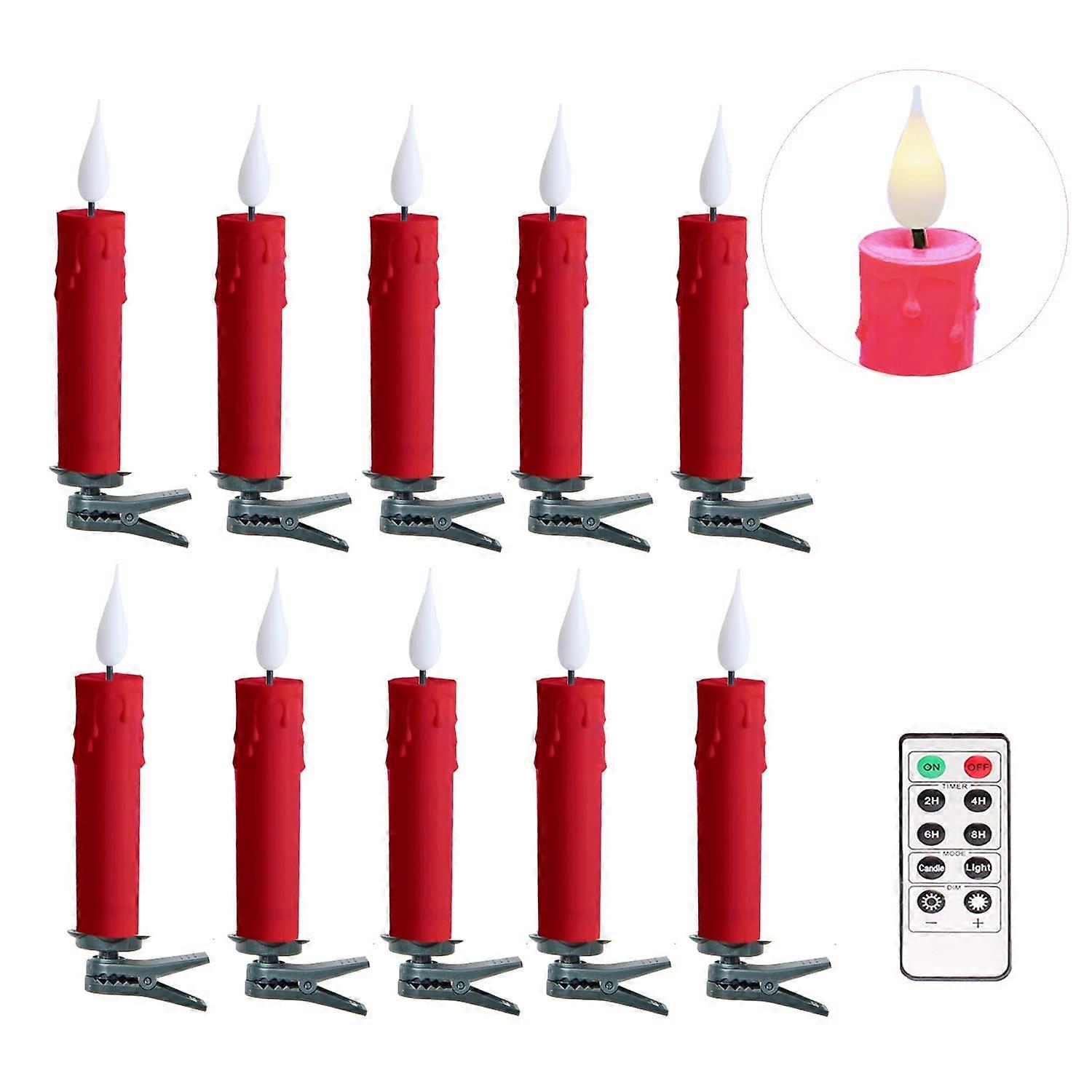 Christmas tree clip candles 3d vibrating flame battery running candle timer and remote, package 10, red