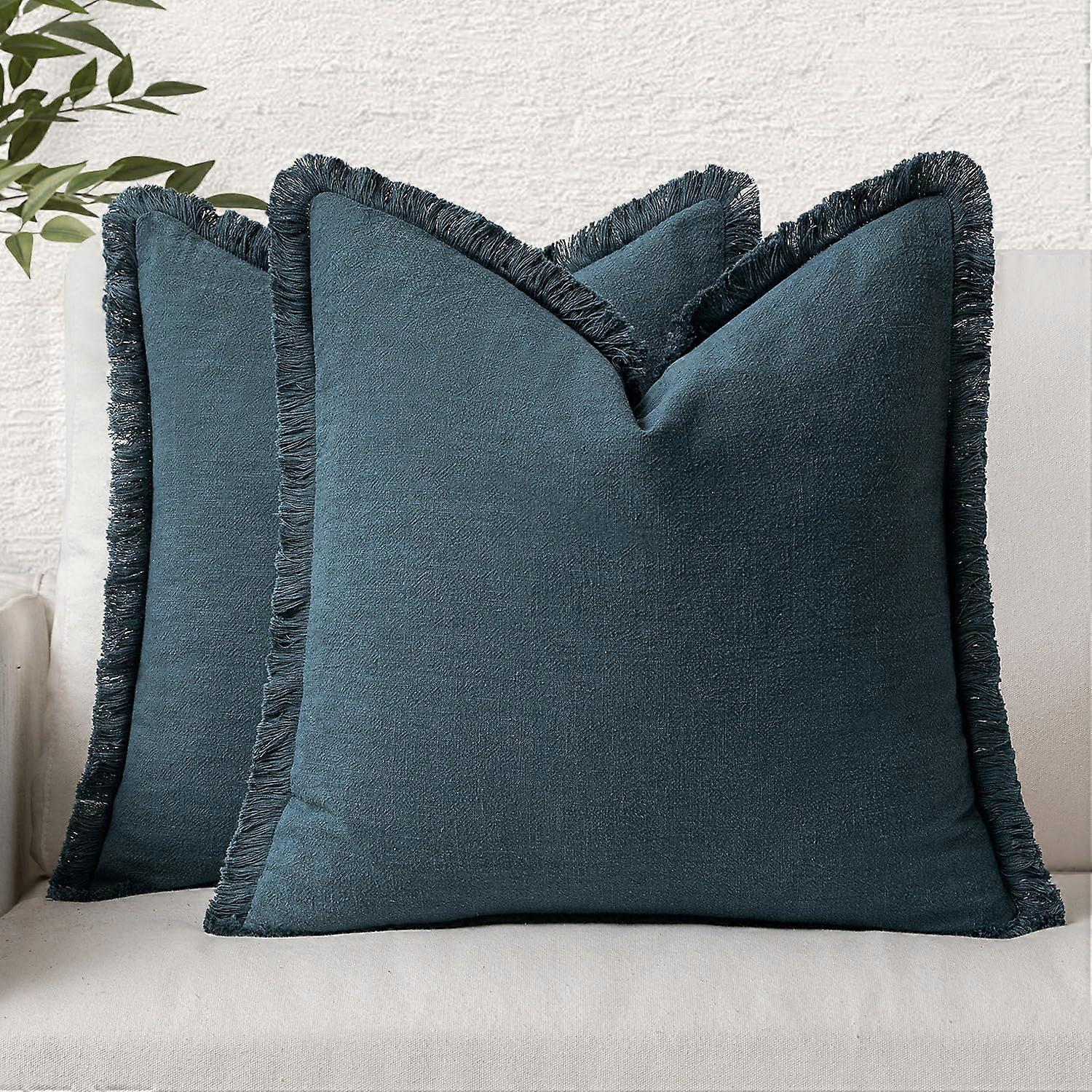 Boho Farm House Pillow Cases Decorative Neutral Linen Pillow Cases 2 Set Navy Blue