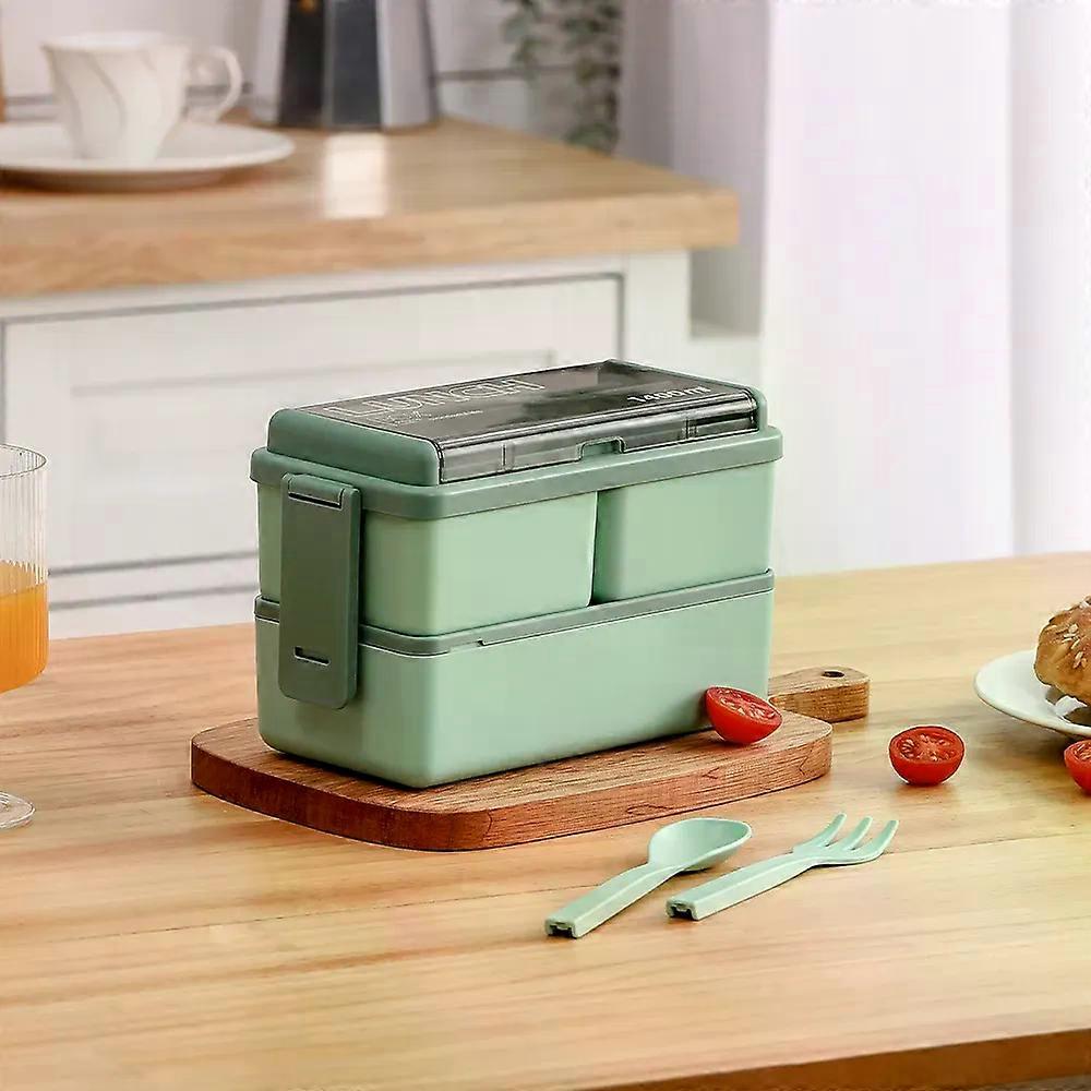 Dual-Layer Plastic Bento Lunch Box with Cutlery