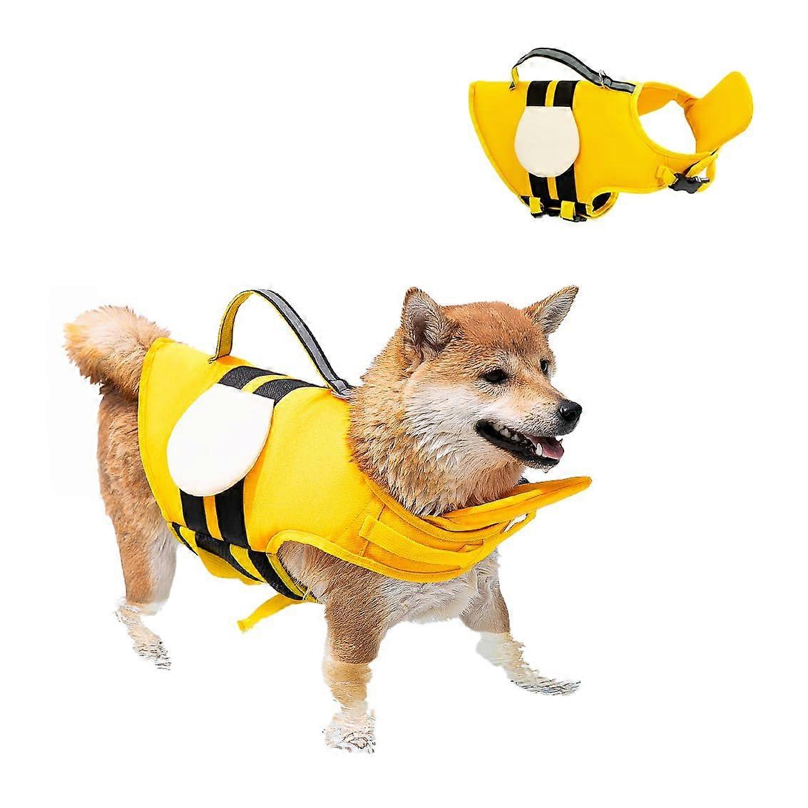 Dog Life Jacket with Bee Design, Extra Chin Support, Reflective Strips, Rescue Handle, Leash Attachment for Safety