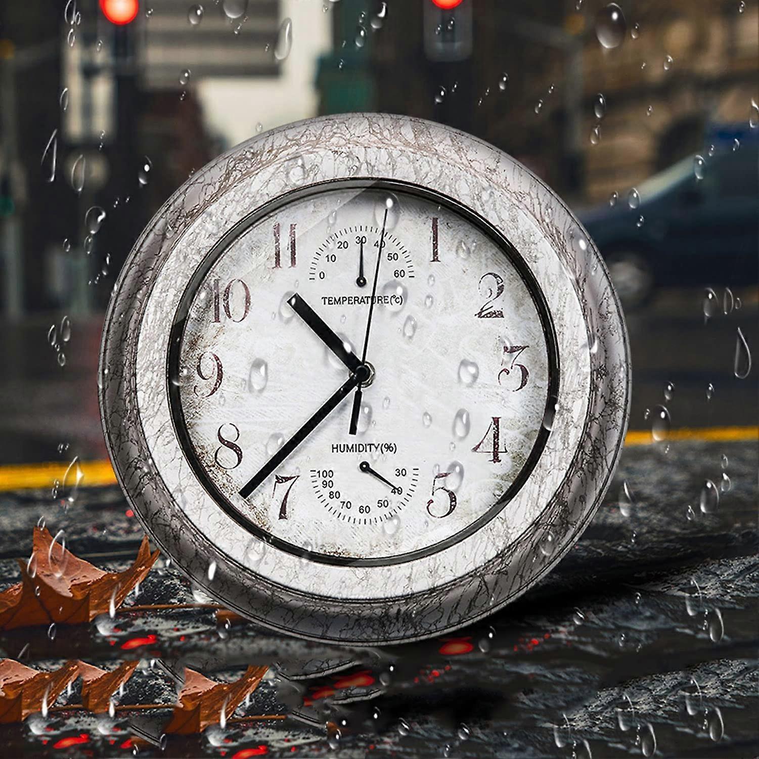 11 Inch Large Outdoor Clock with Thermometer, Round Retro Wall Clock