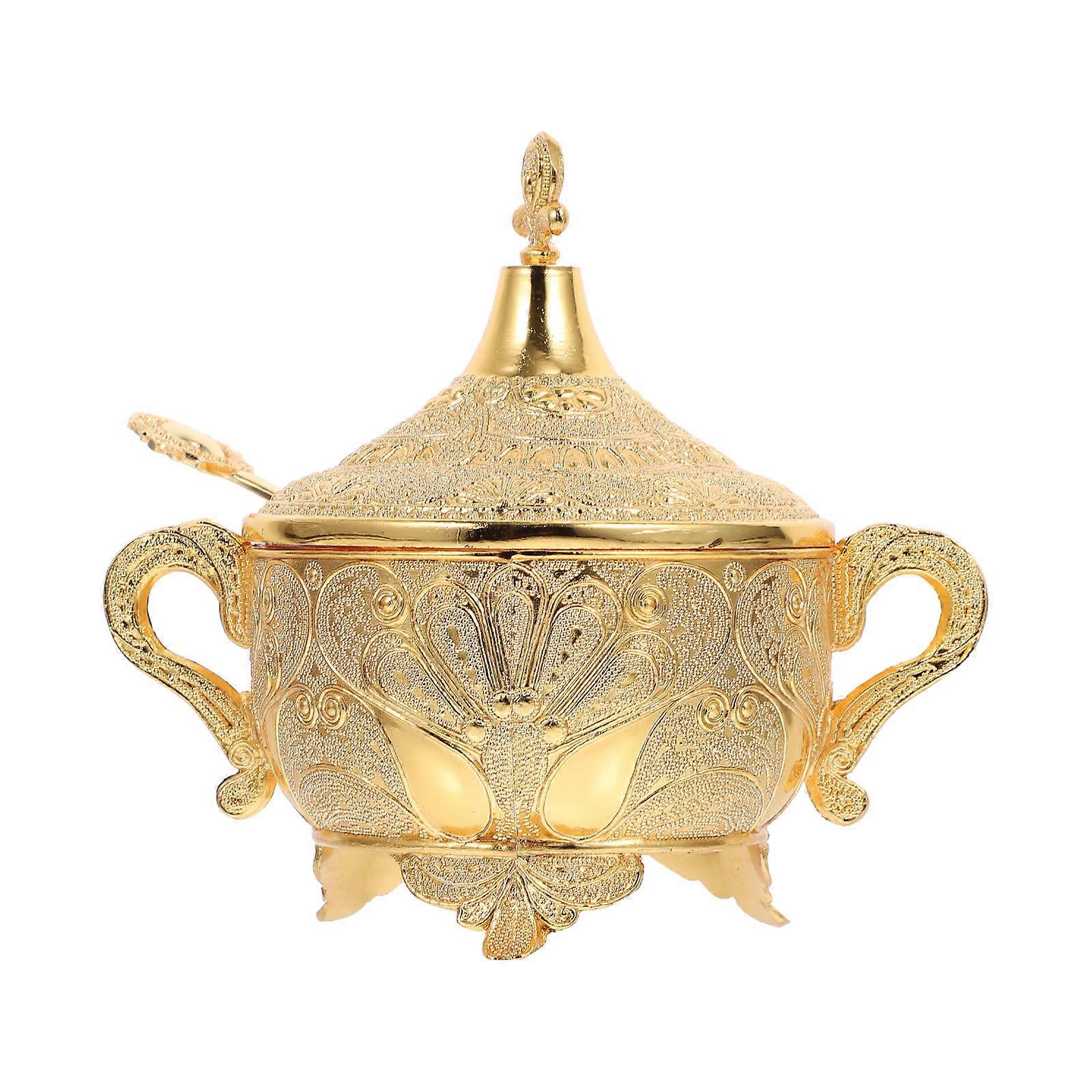 Compartment Storage Box Zinc Alloy Seasoning Container Carved Design Kitchen Organization Golden 14.5X13X13CM Dosage Control 1Pc