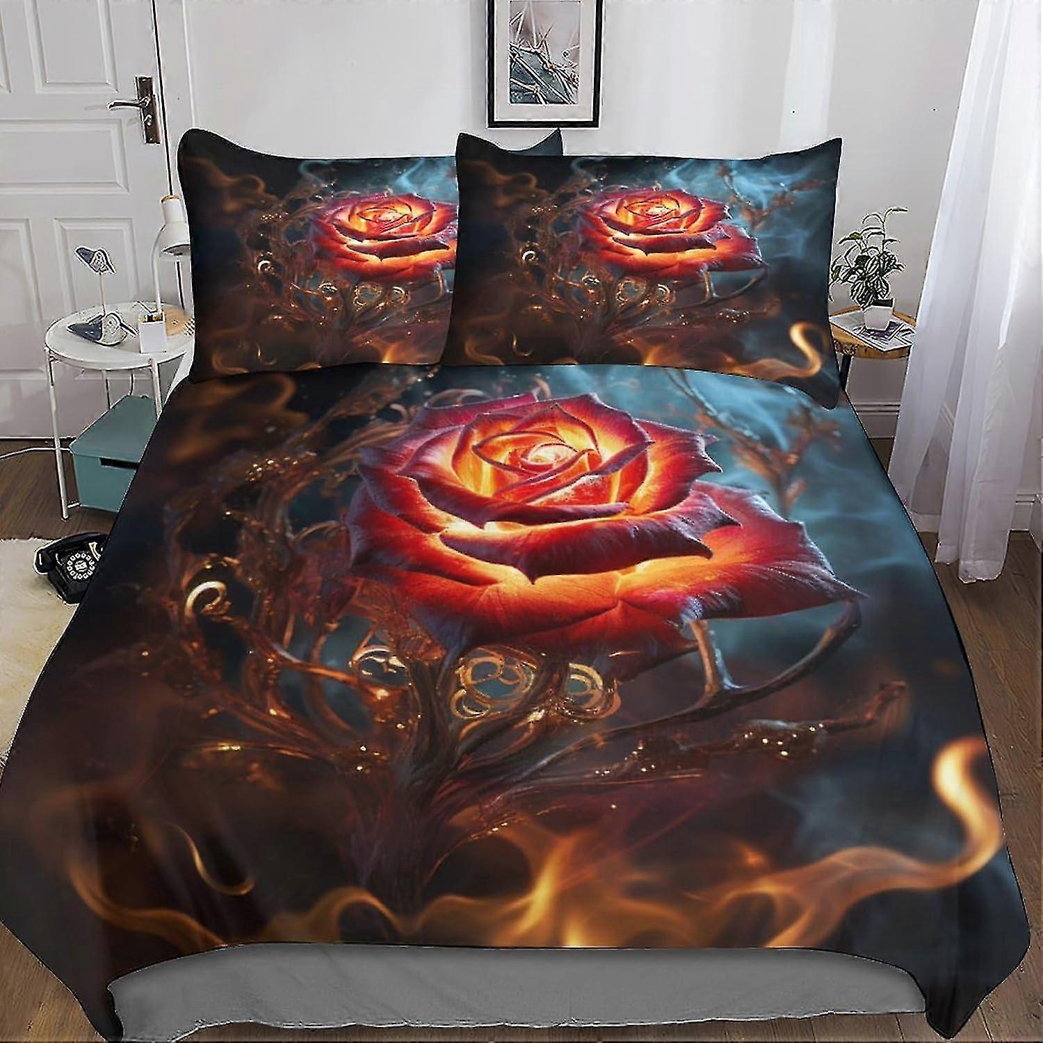 3D Design Flame Rose Duvet Cover Set Soft Comfortable Breathable Quilt Cover for Boys and Girls with Pillow, 3 Pieces