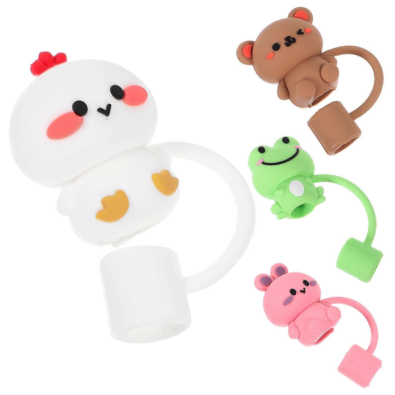 סט כובעי קש סיליקון של 4 כיסויי קש עמידים בפני אבק בצורת בעלי חיים אביזרי מצוירים חמודים