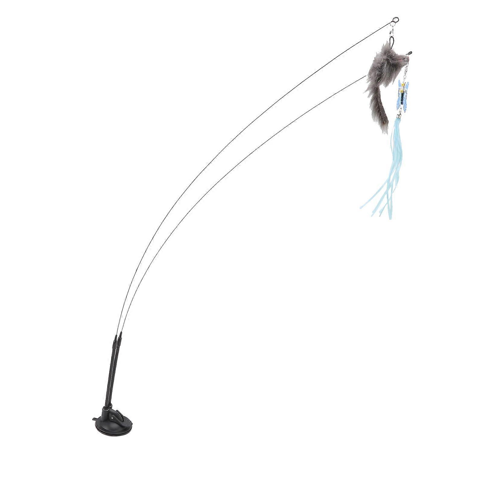 Suction Cat Feather Wand Toy Double End Removable Steel Wire Interactive Cat Teaser Stick Toy for Indoor Blue Scalewing and Gray Mouse 