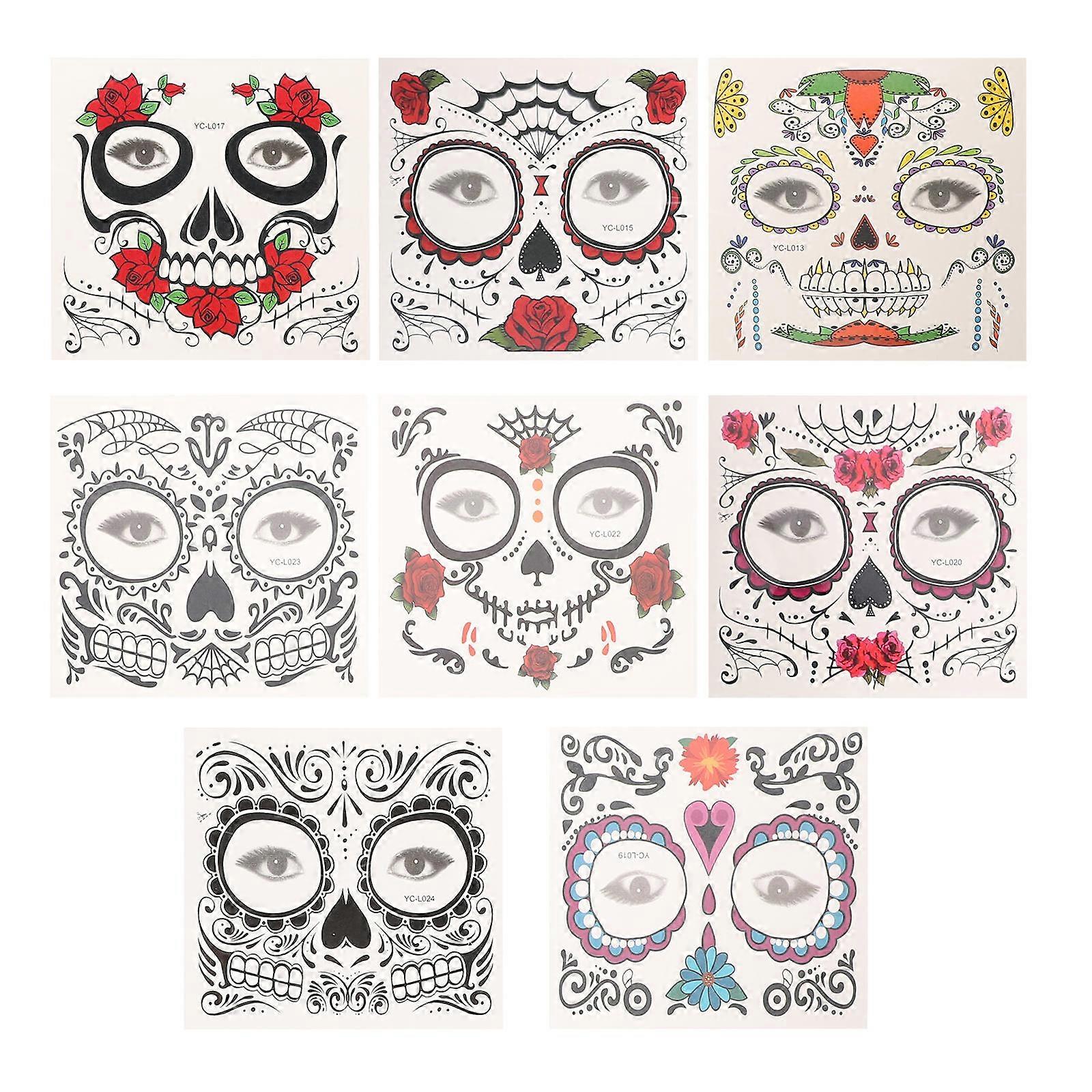 Scratch Resistant Temporary Sticker Day of The Dead Face Decorations Halloween Party Assorted Color 8Pcs
