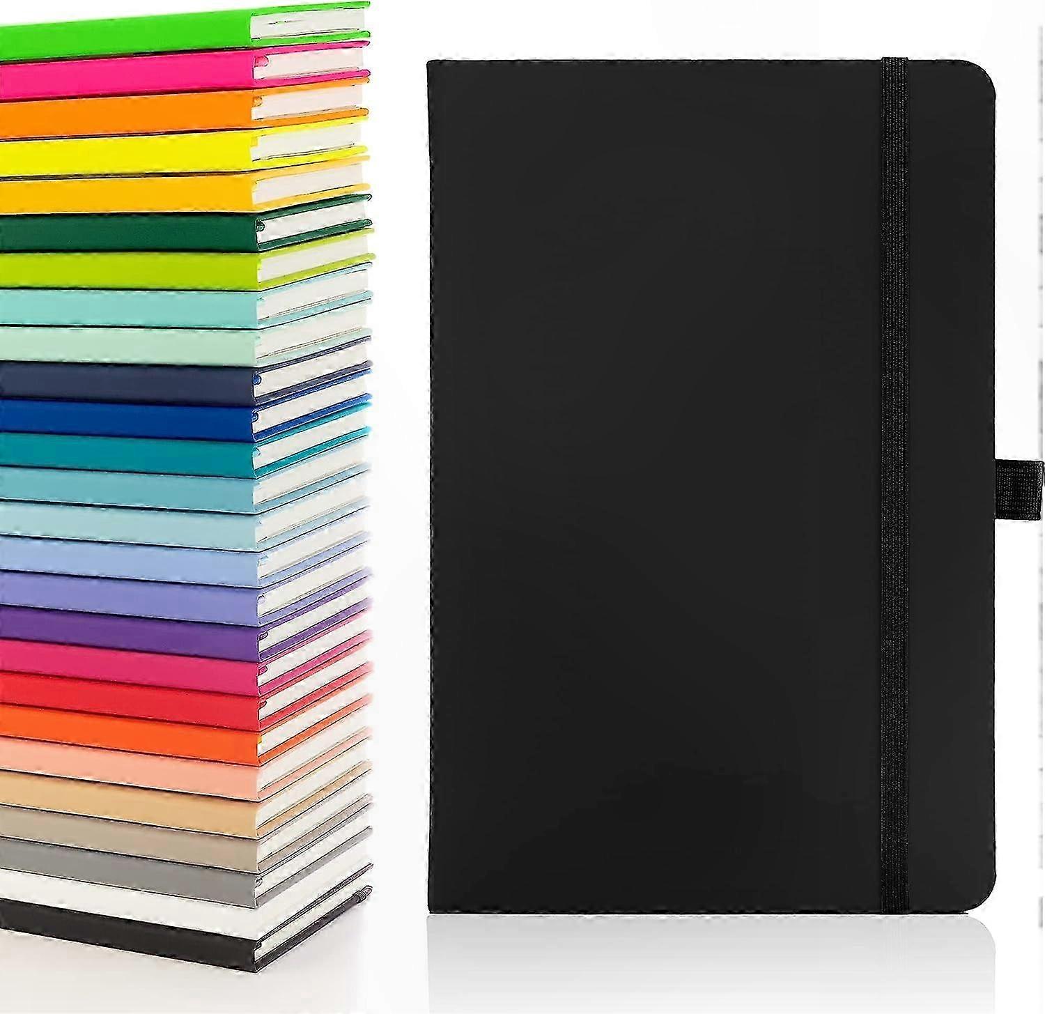 A5 Hardcover Notebook with Lined Pages, Pen Loop, Ribbon Marker, Date Labels, Paper Pocket, and Eco-Friendly Sourced Paper (Black)