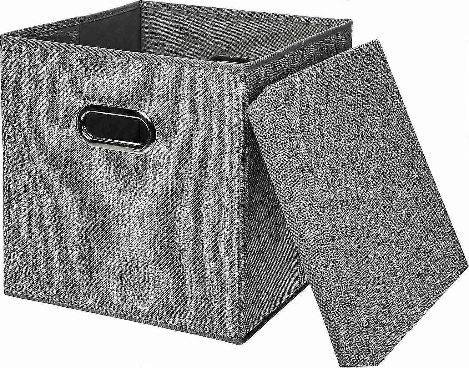 Foldable Burlap Cloth Cube Storage Bin with Lid, Stackable and Sturdy, Gray, Set