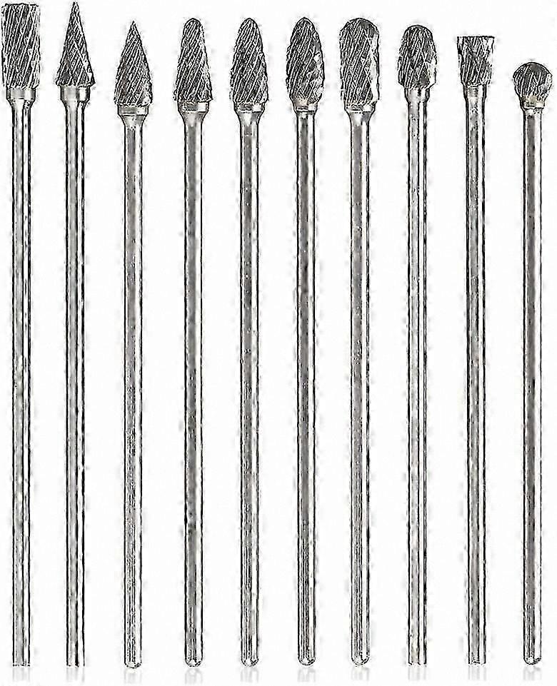 10-Pack Tungsten Carbide Rotary Burrs, Double Cut Long Reach Burr Set with 3mm Shank for Polishing, Filing, and Drilling Tasks