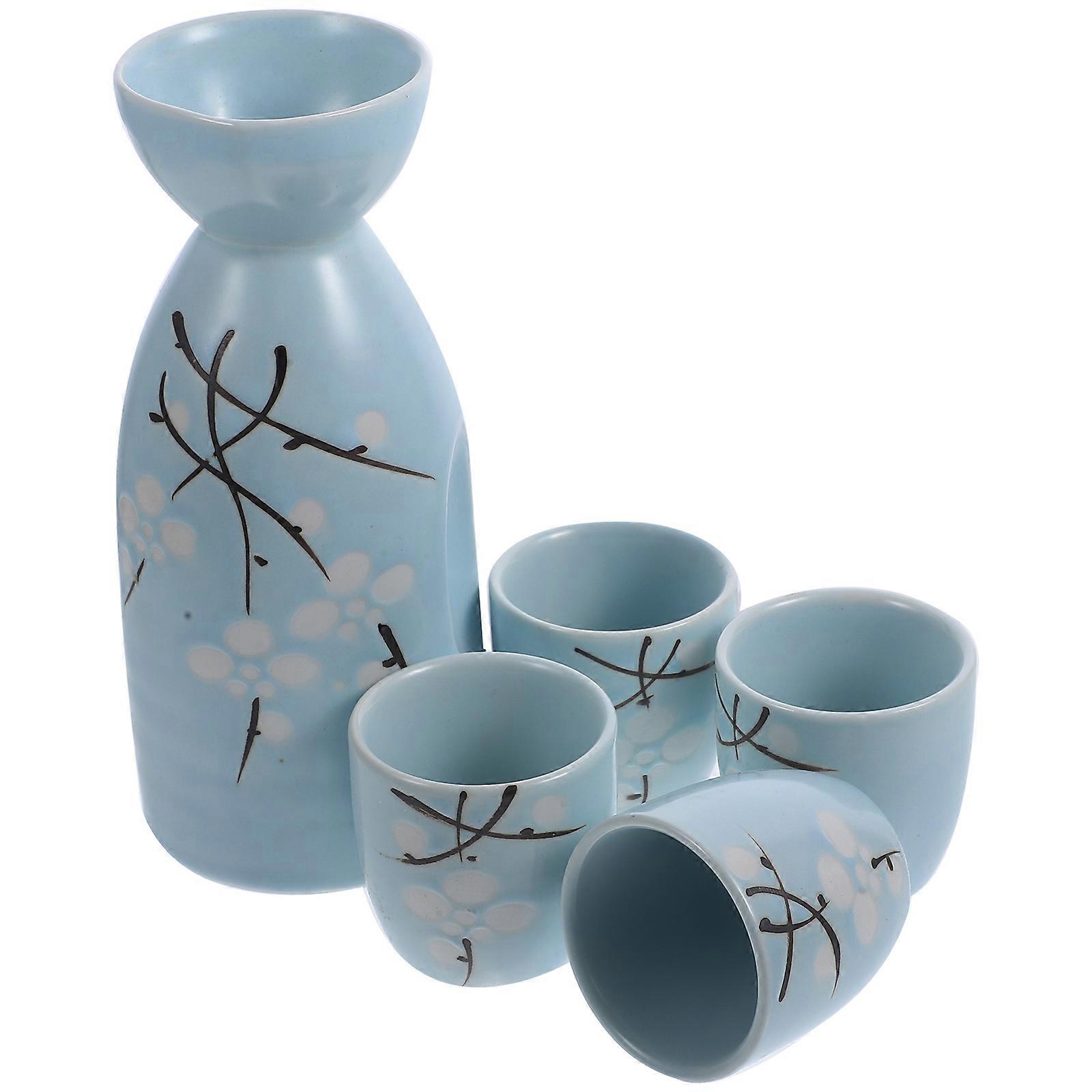 Blue Sake Serving Set for Storage Use 2Pcs Ceramic Wine Cup Container
