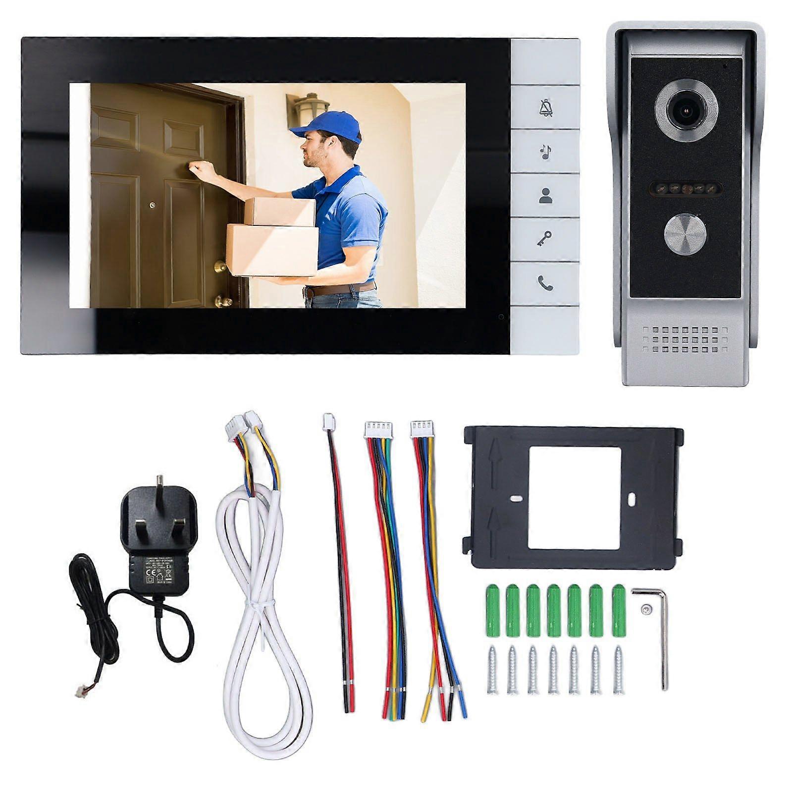 Video Doorbell Intercom Kit 7in Screen with 90 Degree Wide Angle View Infrared Night Vision Video Intercom System UK Plug