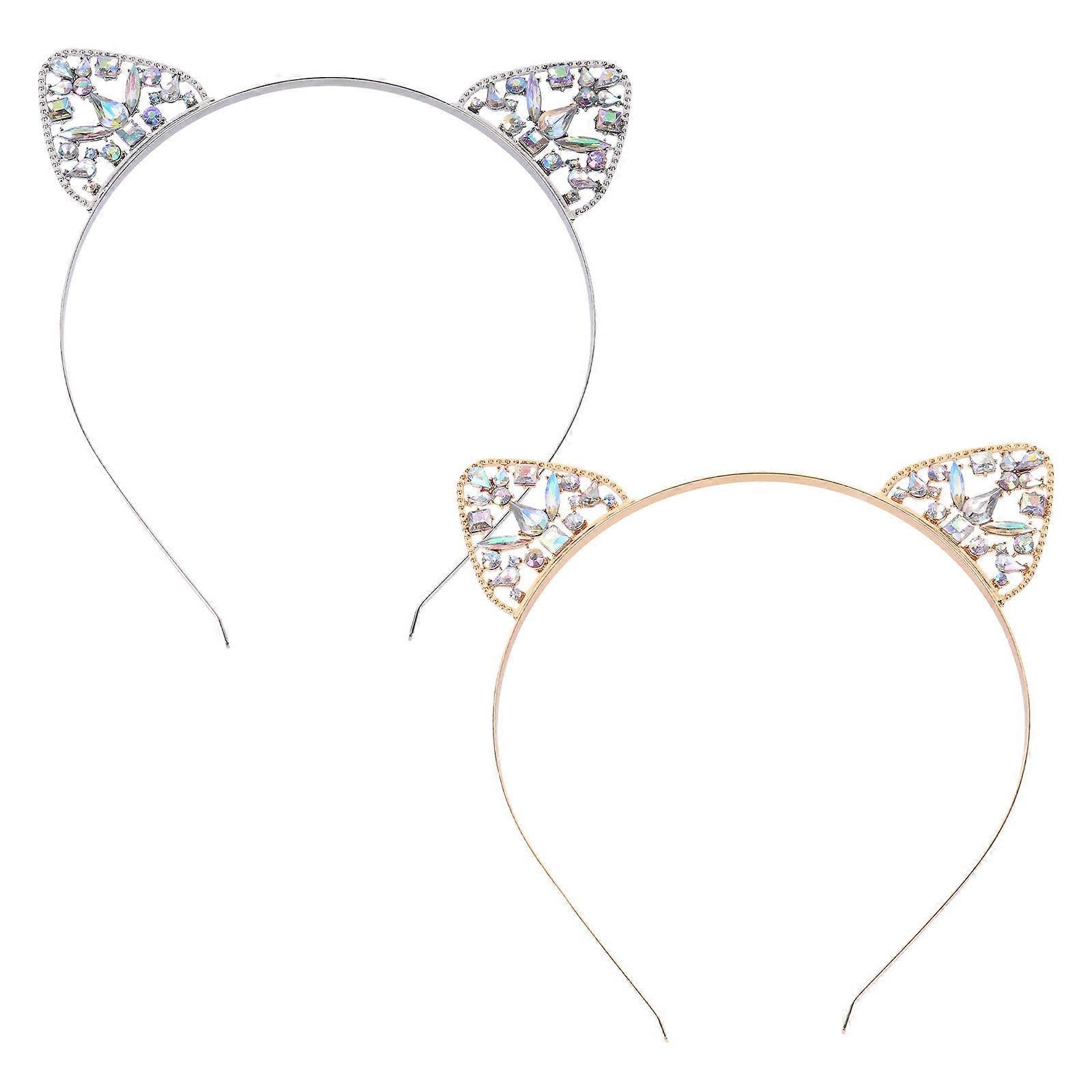 סרט לשיער אוזני חתול משובץ אבני חן סגסוגת חישוק לשיער אוזני חתול למסיבה 2 יחידות